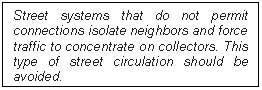 Text Box: Street systems that do not permit connections isolate neighbors and force 
traffic to concentrate on collectors. This type of street circulation should be avoided.

