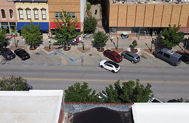 Aerial view of downtown Mass Street