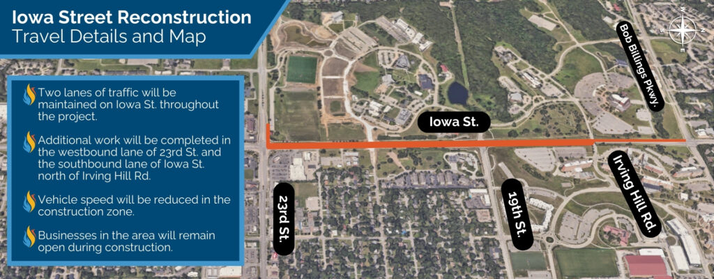 A map of the construction zone with text: "Two lanes of traffic will be maintained on Iowa St. throughout the project. Additional work will be completed in the westbound lane of 23rd St. and the southbound lane of Iowa St. north of Irving Hill Rd. Vehicle speed will be reduced in the construction zone. Businesses in the area will remain open during construction."
